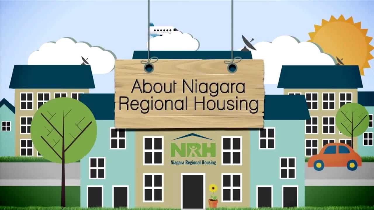 About Niagara Regional Housing NRH Niagara Regional Housing written on a drawn picture of a building